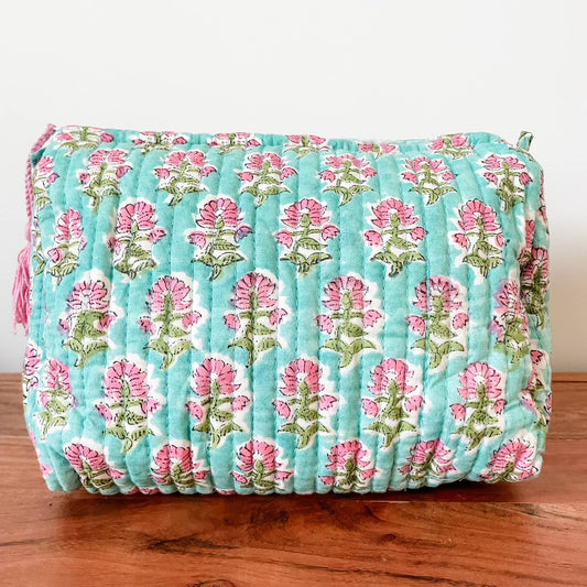 Aqua Bloom Block Print Pouch
