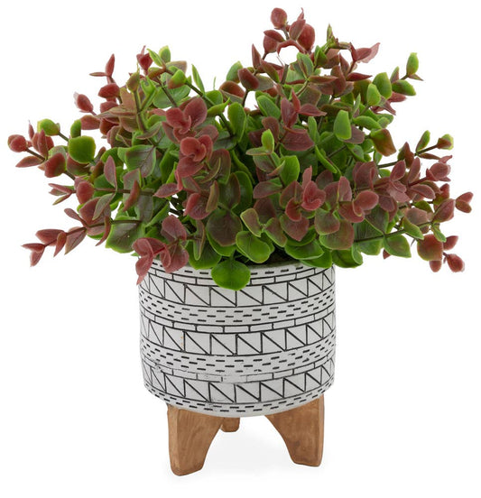 9" Tall Faux Red Green Sedum White & Black Potted Plant